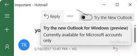 go back to windows mail from outlook|Toggling out of the new Outlook for Windows preview.